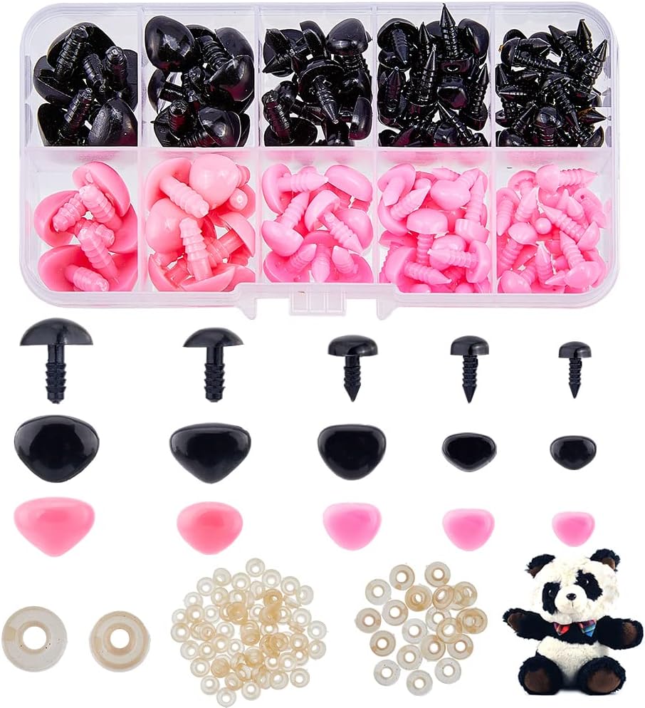 SUPERFINDINGS 130pcs 5 Sizes Plastic Safety Noses with Washer Triangle Animal Doll Nose Black and Pink Craft Amigurumi Nose Sets for Doll Puppet Bear Plush Crochet Projects DIY Animal Making