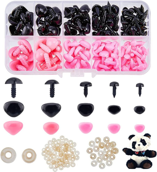 SUPERFINDINGS 130pcs 5 Sizes Plastic Safety Noses with Washer Triangle Animal Doll Nose Black and Pink Craft Amigurumi Nose Sets for Doll Puppet Bear Plush Crochet Projects DIY Animal Making