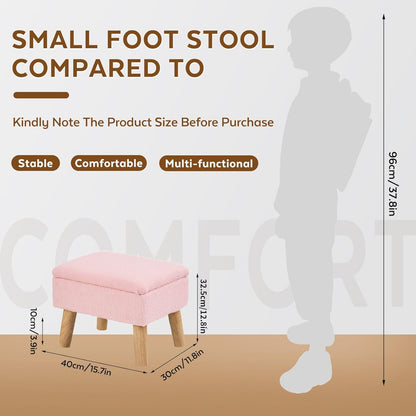 Storage Ottoman, Small Foot Stool Ottoman with Storage, Teddy Velvet Foot Rest with Wood Legs, Footstool for Living Room, Bedroom, Entryway, Pink