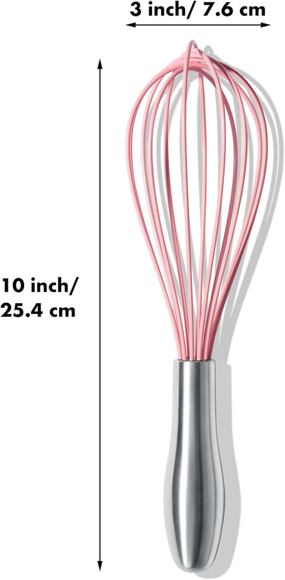 OYV 10-Inch Pink Silicone Whisk, Heat Resistant 480°F Kitchen Whisk with Stainless Steel Ergonomic Handle, Non-Scratch for Nonstick Cookware, Dishwasher Safe, Perfect for Blending, Cooking & Beating