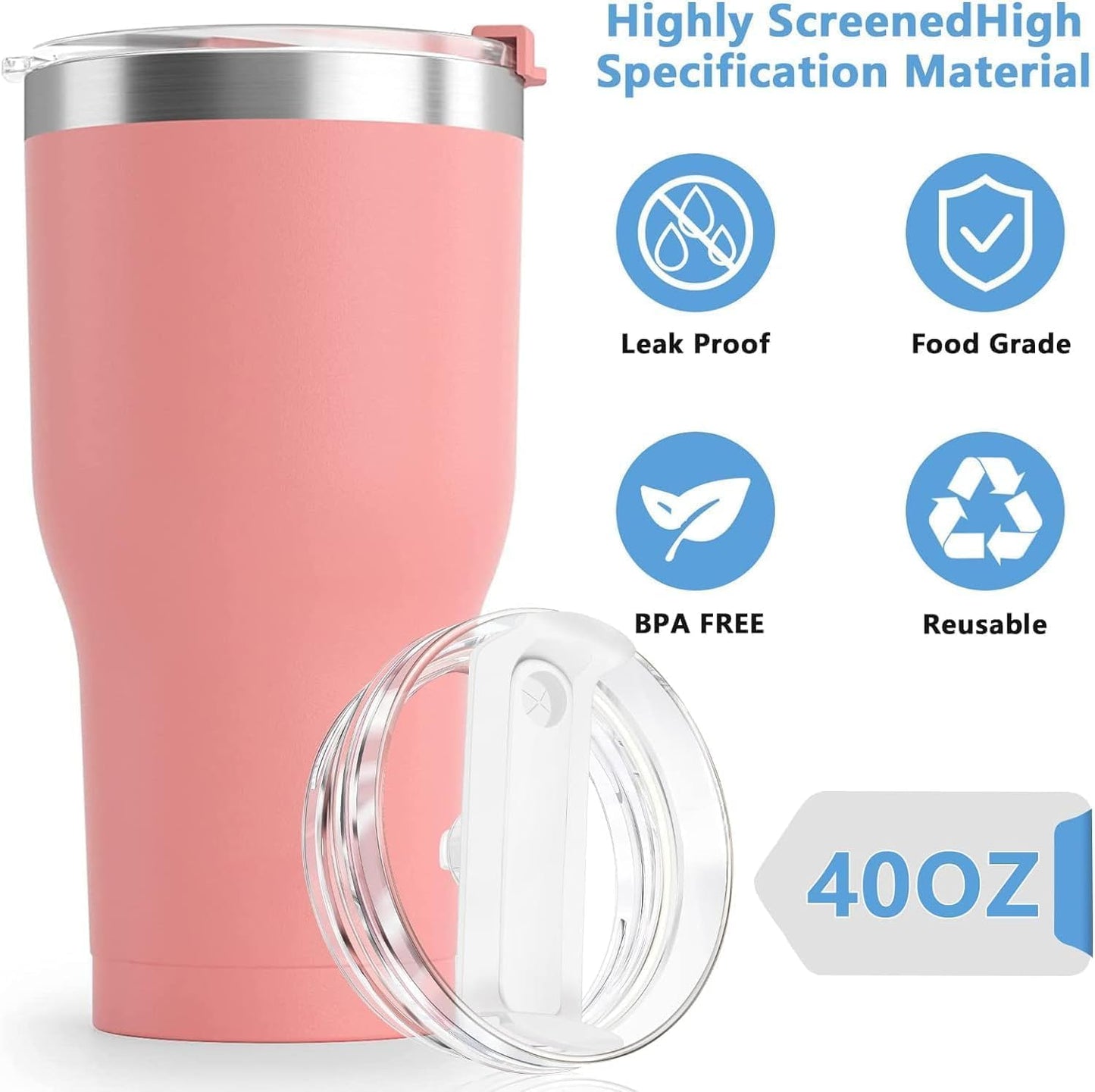 2pcs Tumbler Lid Fit for Stanley 40oz Cup,Replacement 40 oz Tumbler Lid,2Pcs Extra Long Reusable Straws and 1Pcs Cleaning Brush (Light Pink)