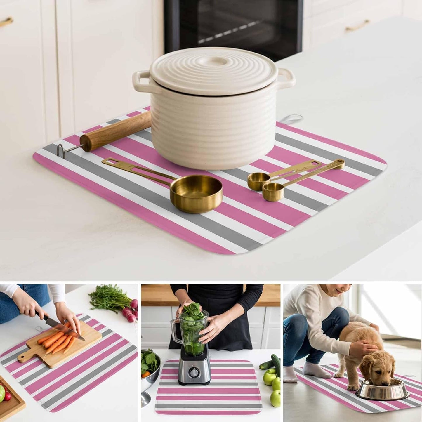Dish Drying Mat Pink Grey and White Stripes Kitchen Counter Drying Pad for Dishes Glasses Cups and Cookware Farmhouse Stripe Absorbent Dish Drying Mat Machine Washable Kitchen Accessories 16" x 18"
