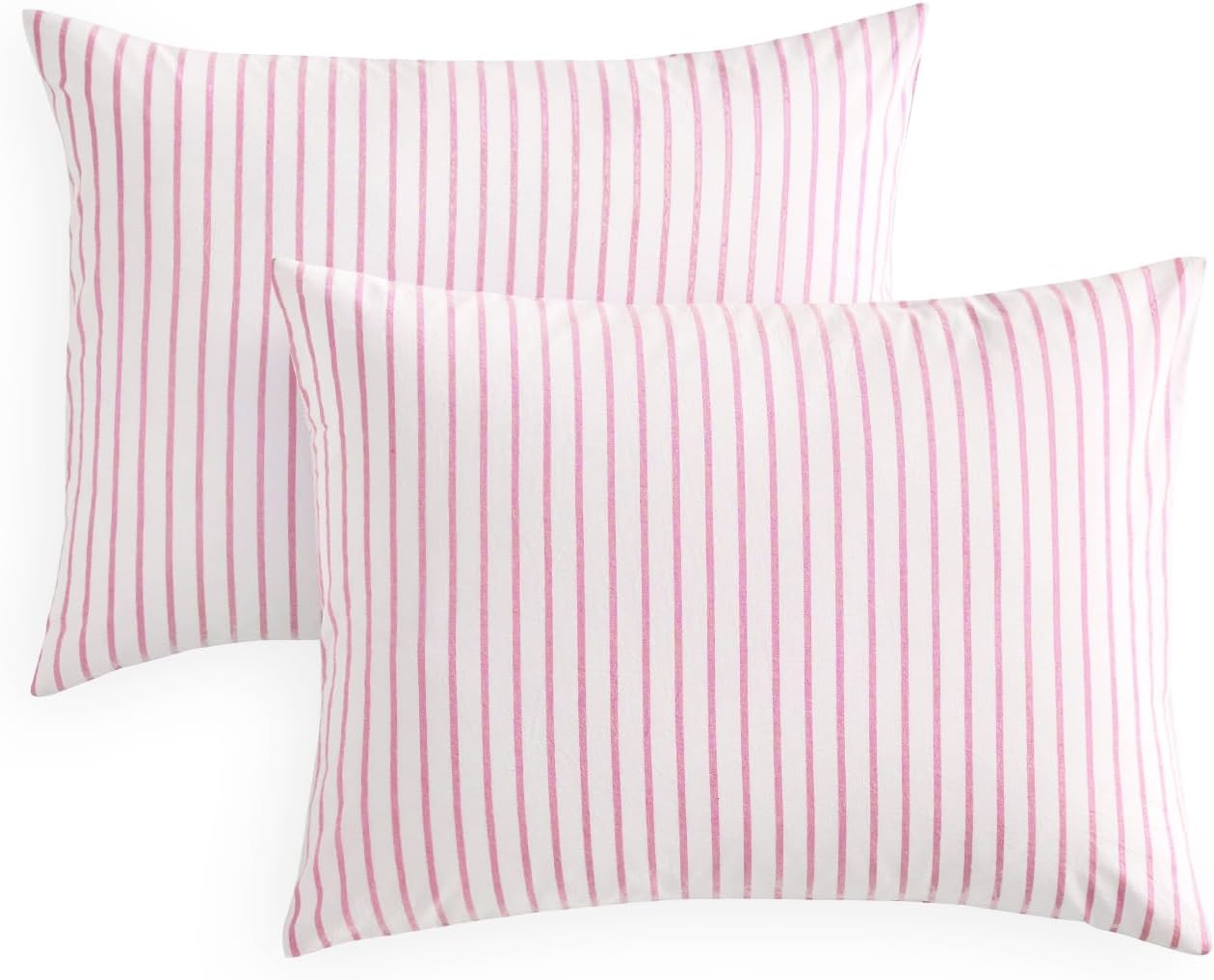 Wake In Cloud - Striped Pillow Cases, 100% Washed Cotton, Ticking Stripe Vertical Pinstripe Neutral Farmhouse, Set of 2 Pillowcases Pillow Shams Covers, Pink White, Standard Size 20x26 Inches