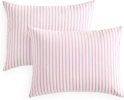 Wake In Cloud - Striped Pillow Cases, 100% Washed Cotton, Ticking Stripe Vertical Pinstripe Neutral Farmhouse, Set of 2 Pillowcases Pillow Shams Covers, Pink White, Standard Size 20x26 Inches