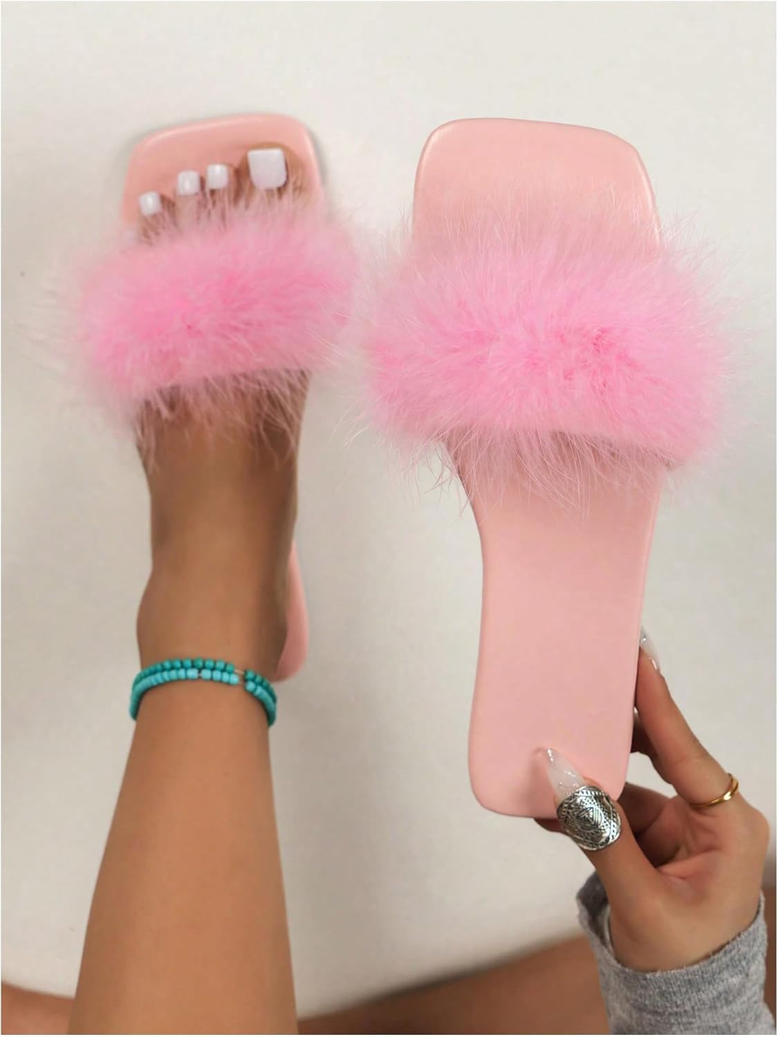 BEAUDRM Women's Sexy Flat Sandals Fuzzy Feather Dressy Flat Sandals Slip On Square Slipper Open Toe Fuzzy Slides Slippers