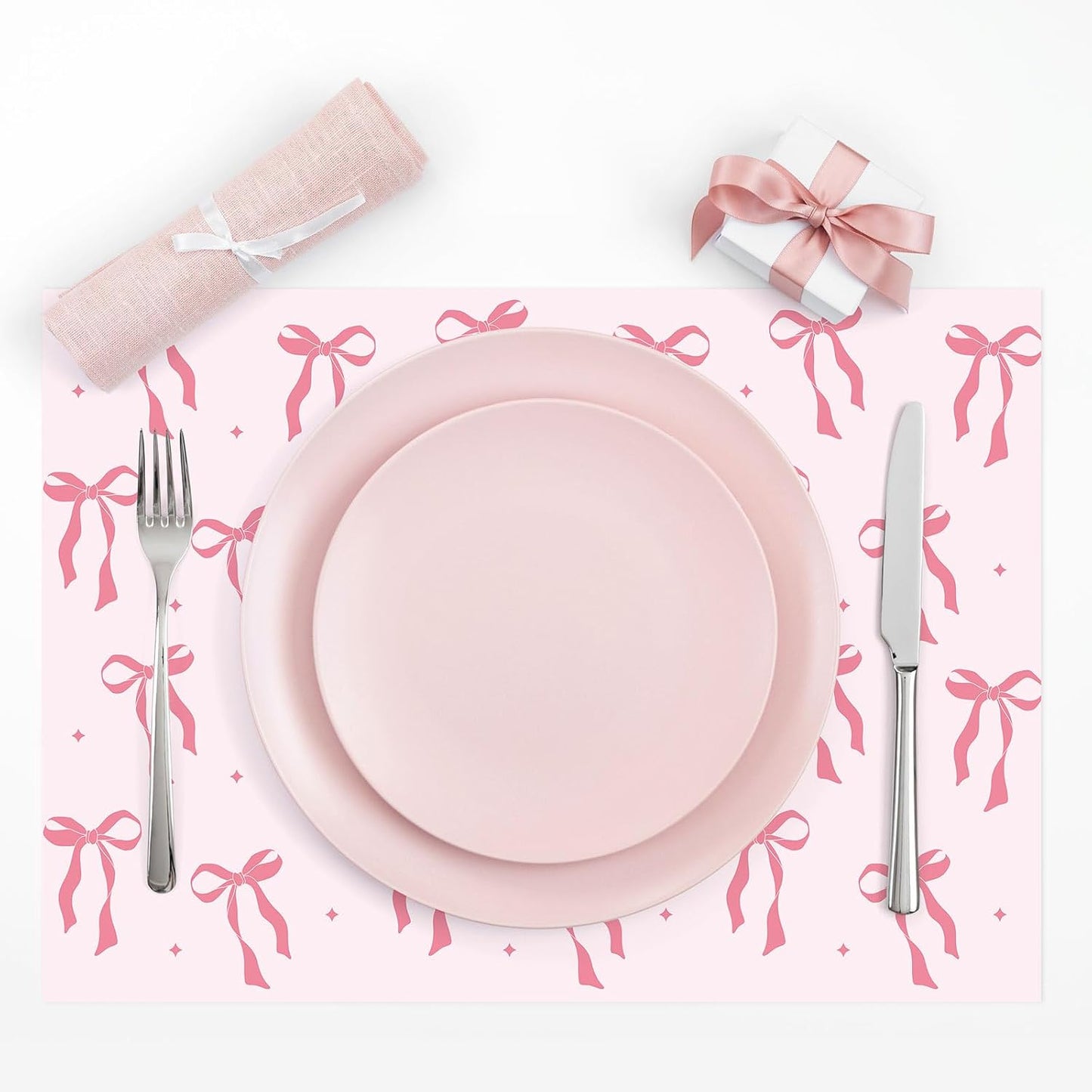 FYSUIMU 50Pcs Pink Bow Paper Placemats Cute Coquette Bow Dinner Mats Disposable Table Mats for Wedding Baby Shower Birthday Bachelorette Party Table Setting