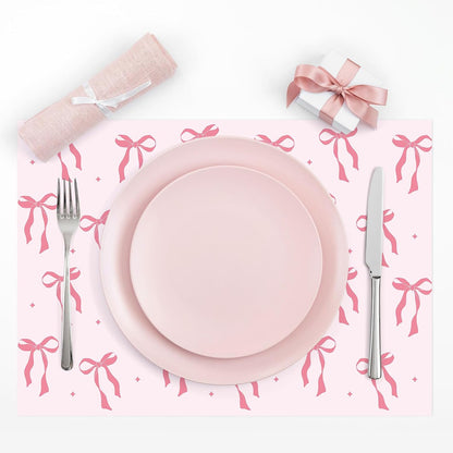 FYSUIMU 50Pcs Pink Bow Paper Placemats Cute Coquette Bow Dinner Mats Disposable Table Mats for Wedding Baby Shower Birthday Bachelorette Party Table Setting
