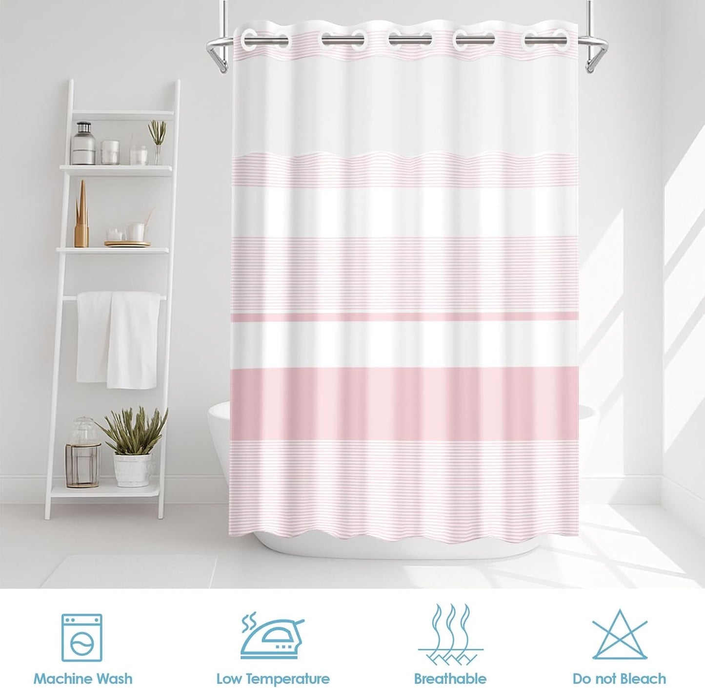 No Hook Pink Shower Curtain with Snap in Fabric Liner Set, Striped Modern Double Layers Waterproof Fabric with See Through Top Window Open Grommet Bath Curtain 71x74 Inch