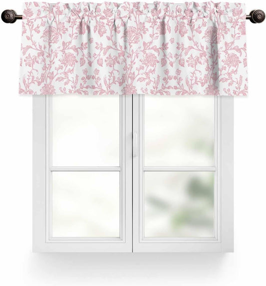 Light Pink Floral Paisley Valances for Windows, Boho Leaf Vintage Farmhouse Linen Rod Pocket Kitchen Valance, Small Window Treatment Short Curtains for Kitchen Cafe Living Room Bathroom, 42"x18"