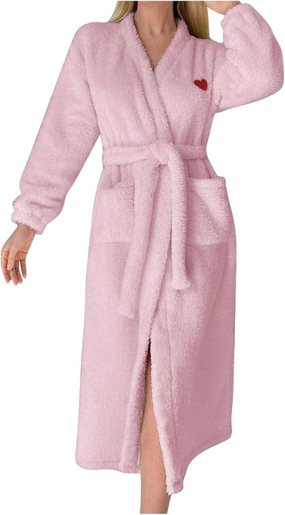 Fuzzy Soft Robes for Women Soft Cozy Long Plush Robe Heart Fluffy Warm Bathrobes with Pockets Ladies Loungewear