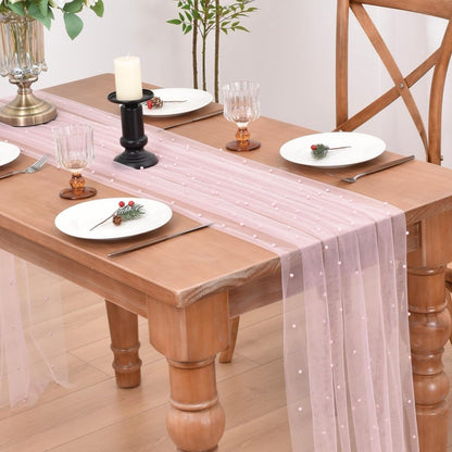 Joanlody Pearl Table Runner 10ft Rustic Boho Summer Tulle Runner with Pearls for Baby Shower Wedding Party Veil Dessert Table Decor Pink