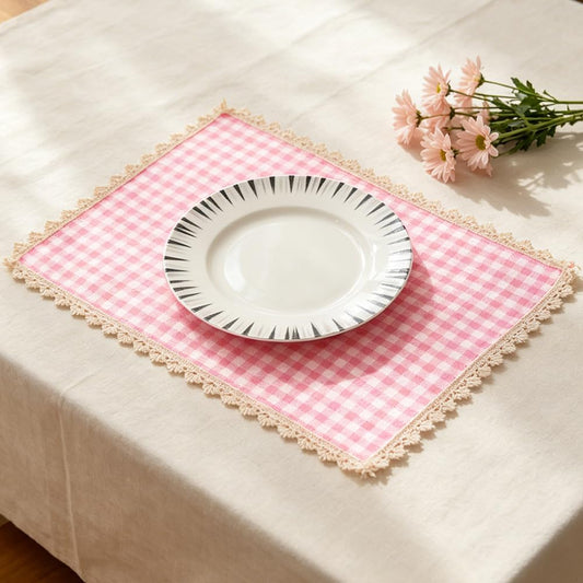 vctops 4 PCS Gingham Plaid Rectangle Placemats for Dining (Pink,12"x16") | Farmhouse Checkered Scalloped Wavy Edge Table Mat Washable Placemat for Hotel Restaurant Kitchen Tea Party Decor