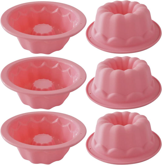Silicone Small Fluted Cake Pans 4 Inch, Nonstick Baking Mold Pumpkin Shape, Reusable Round Mini Cake Pan Set, Individual Muffin Donut Pan for Cupcake, Jelly, Brownies- 6pcs, Pink
