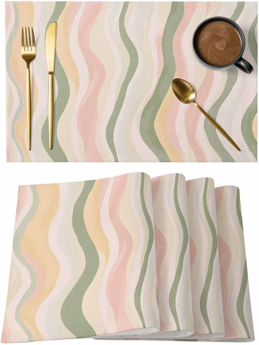 Placemats Set of 6, Light Green Pink Stripes Wipeable Washable Table Mats for Dining Tables, Low Saturation Colorful Pattern Place Mats for Kitchen Party Holiday Tabletop Decor