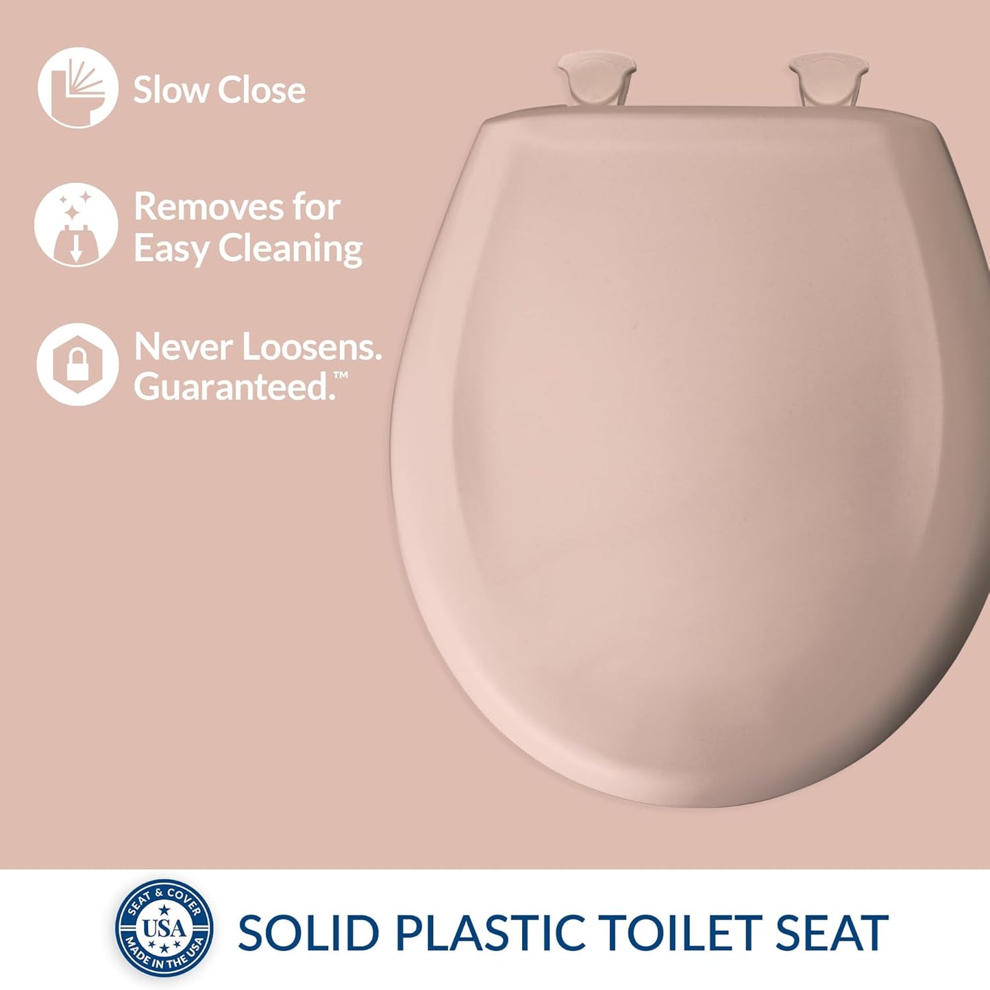 Bemis Classic Colors Slow Close Toilet Seat, Easy Clean Hinges and Durable Plastic Seat, Made in USA, Round, Venetian Pink