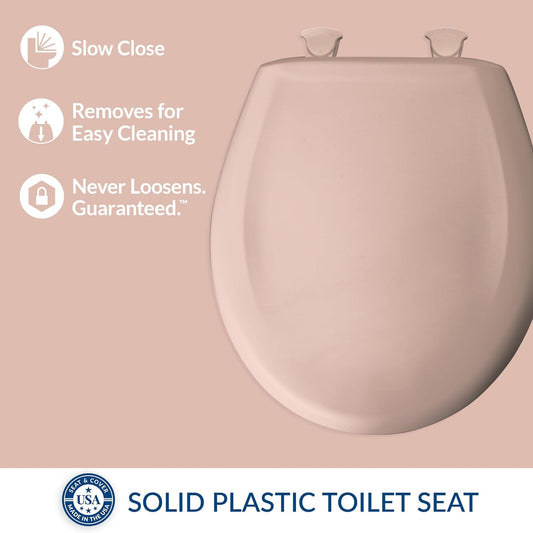 Bemis Classic Colors Slow Close Toilet Seat, Easy Clean Hinges and Durable Plastic Seat, Made in USA, Round, Venetian Pink