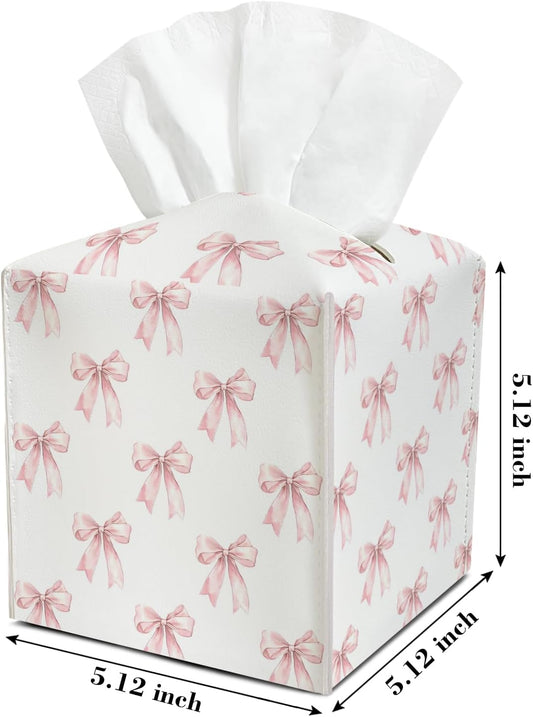 Pink Bows Leather Tissue Box Cover Square Vintage Tissue Holder for Car Livingroom Office Decor Ideal Gifts for Women Colleagues Family Sister Bestie Daughter Birthday Christmas Housewarming - YT0198