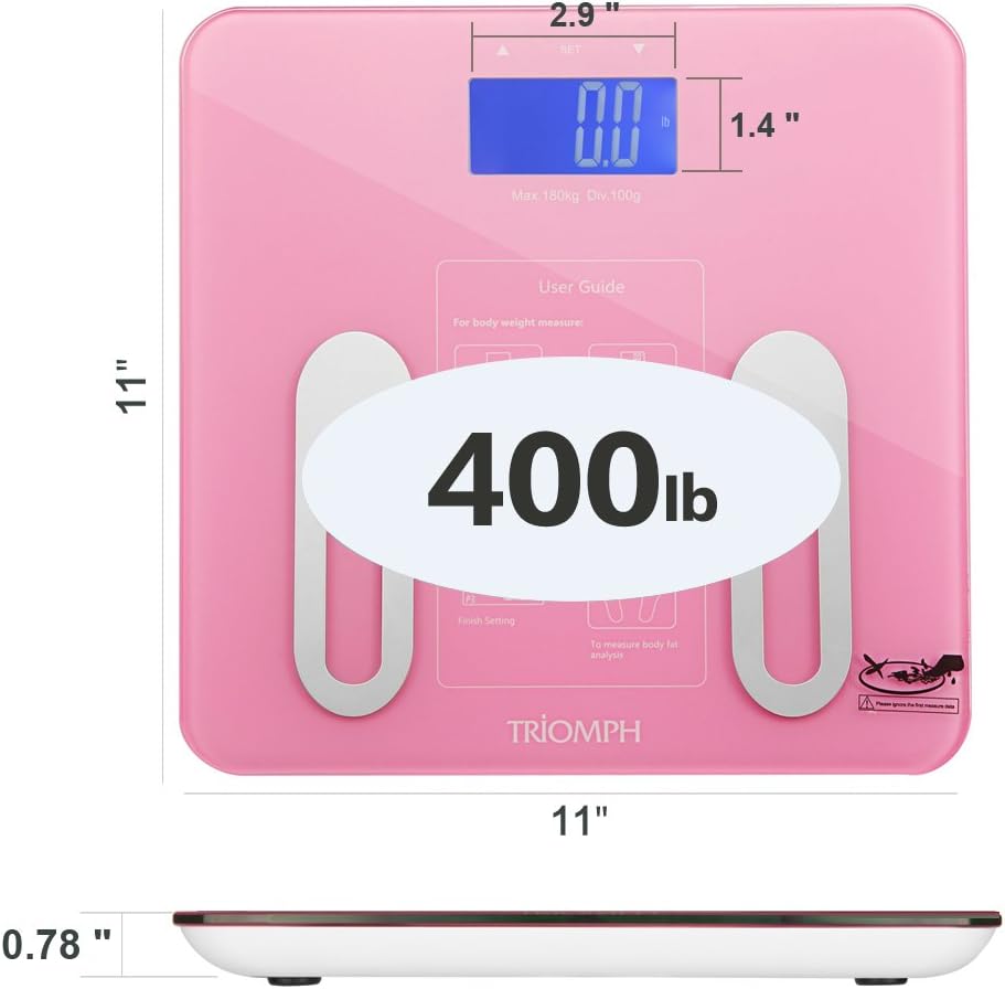 Triomph Precision Digital Bathroom Body Fat Scale with Backlit LCD Display, Body Composition Analyzer Measures Weight,Body Fat,Water,BMI,Muscle,Bone Mass and Calorie,400 lbs,Fat Loss Monitor,Pink