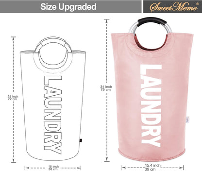 Large Laundry Basket Collapsible，Freestanding Clothes Hamper Bag with Handles – Tall Folding Dirty Laundry Bin，Sturdy Laundry Sorter for College Dorm，Laundry Room – 95L (Pink)