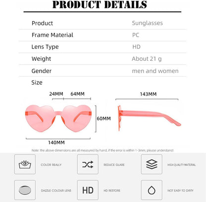 20 Pack Heart Sunglasses for Women Candy Transparent Rimless Bulk Heart Shaped Glasses for Bachelorette Party Favors
