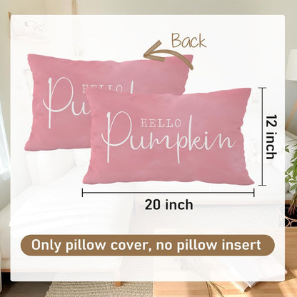 Pink Fall Throw Pillow Cover 12x20, Fall Room Decor, Hello Pumpkin Autumn Decor Pillow Cover Indoor Outdoor Living Room Bedroom Porch Sofa Home Decoration