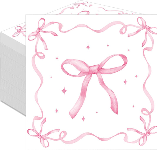 50 Pack Pink Ribbon Bow Paper Napkins, Disposable Coquette-Inspired Bow Cocktail Napkins for Girls Birthday, Sweetie-Soirées, Baby Shower, Bridal Shower, Bachelorette, and Tea Party Decorations
