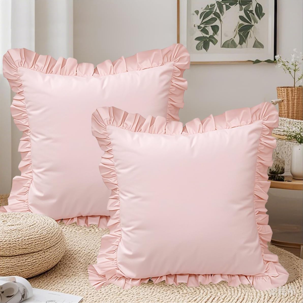 QSH Pink Ruffled Euro Pillow Shams Set of 2, Shabby Boho Chic Farmhouse Euro Pillow Covers Vintage Ultra Soft and Breathable Microfiber Pillowcases 26"x26" for Bedroom
