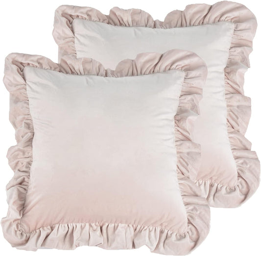 Jemiipee Velvet Ruffle Throw Pillow Covers Couch, Set of 2 Decorative Pillowcases with Ruffles 20x20 Inch Solid Color Shabby Chic Farmhouse Cushion Cover for Living Room Sofa Bed, Light Pink