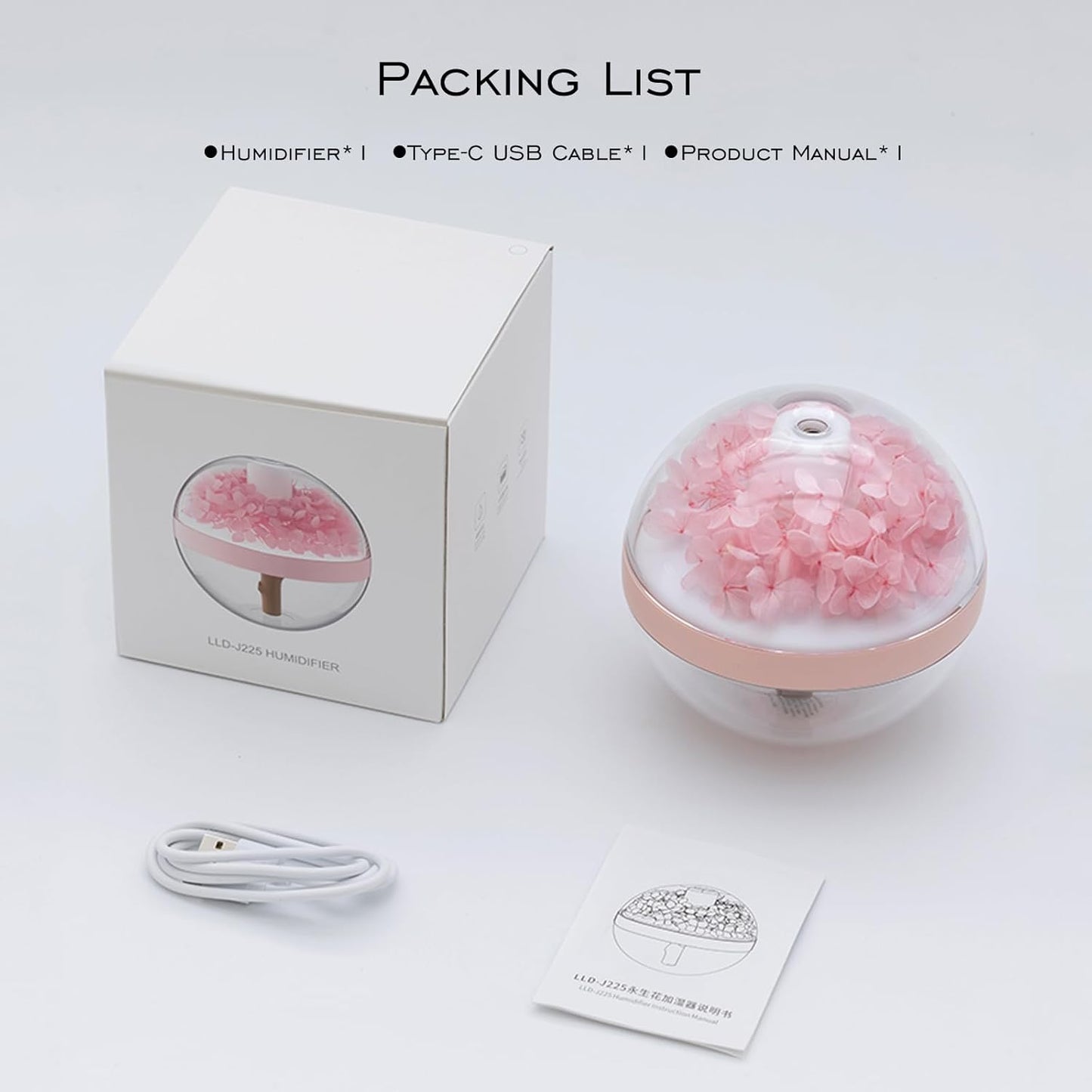 Preserved Flower Portable Humidifier,270ml Capacity,Rechargeable Essential Oil Diffuser with Night Light and Waterless Auto Shut-Off,for Office Room Bedroom Livingroom (Pink Hydrangea)