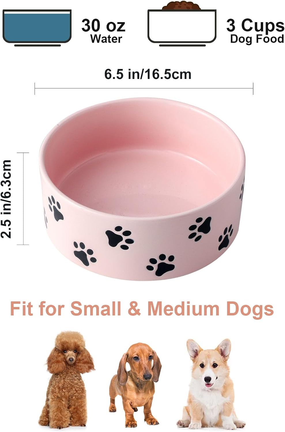 6.5 Inch Pastel Pink Ceramic Dog Bowl with Paw Print Pattern - Porcelain Wide Mouth Dog Food or Water Bowls, Large Feeding Pet Bowls for Indoor Medium Sized Dogs, for Wet or Dry Food