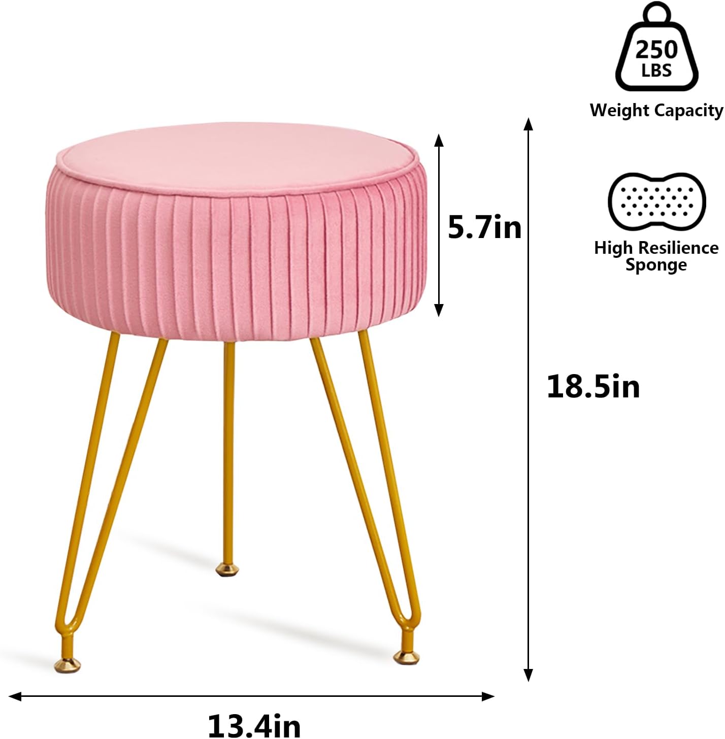 Velvet Vanity Stool, Modern Ottoman Foot Rest Stool with Adjustable Golden Legs, Makeup Chair for Vanity, Multifunctional Small Vanity Chair for Bedroom, Pink