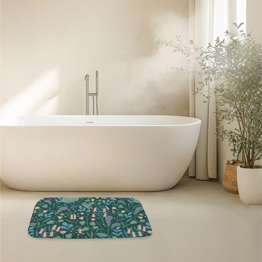 Dark Green with Pink Bellflowers Rugs for Bathroom, Nonslip Bathtub Mat Washable Non Slip Rug Threshold Bath Mat, Decorative Bathroom Rugs Bath Room Decoration 30x18