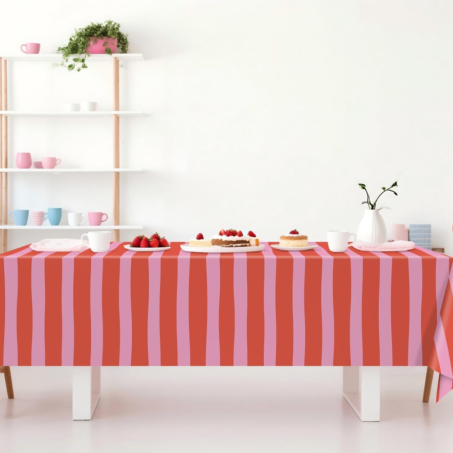 Striped Tablecloth Pink Red Waterproof for Party Table Decoration | 3 Pieces Plastic for Home Kitchen Picnic Table Cloth Strawberry Stripe