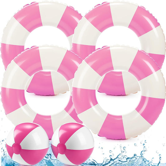 4 Pcs 35 Inch Jumbo Striped Inflatable Pool Floats with 2 pcs Beach Ball for Adults Swimming Pool Tubes for Summer Swimming Beach Party