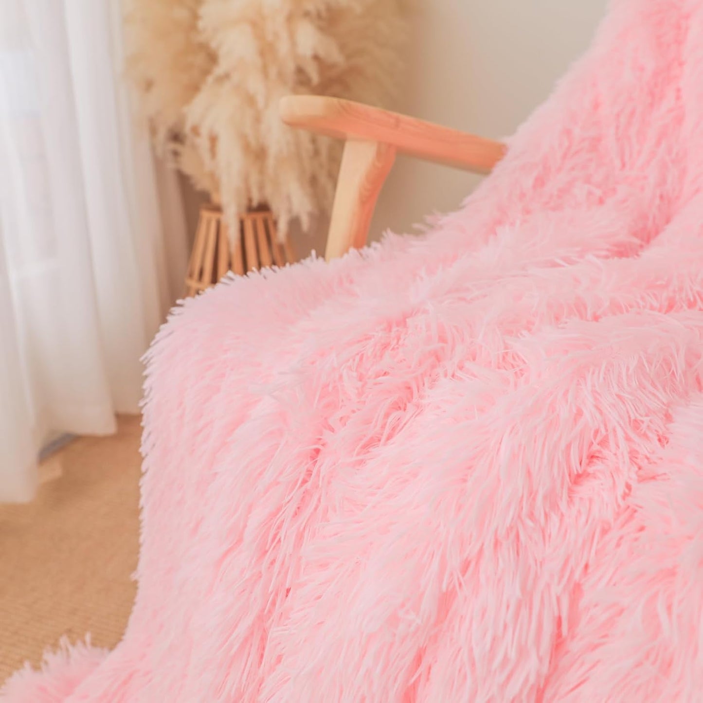 Extra Soft Faux Fur Throw Blanket 50"x60" - Reversible Fluffy Shaggy Double Layer Plush for Couch Sofa Bed, Solid Fuzzy Long Hair Microfiber Comfy Decorative Cozy, Pink