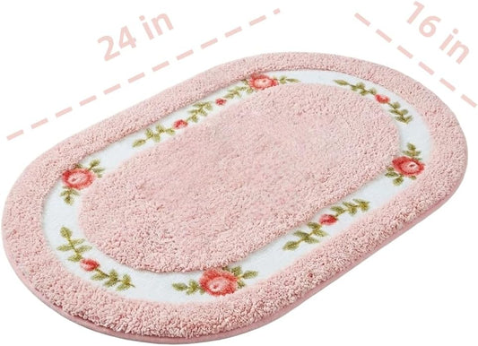QMEAKMONY Bathroom Rugs Romantic Rose Flower Shaggy Area Rugs for Living Room Bedroom Kitchen Non Slip Absorbent Bath Mat Door Mat Washable(Pink,16x24 in)