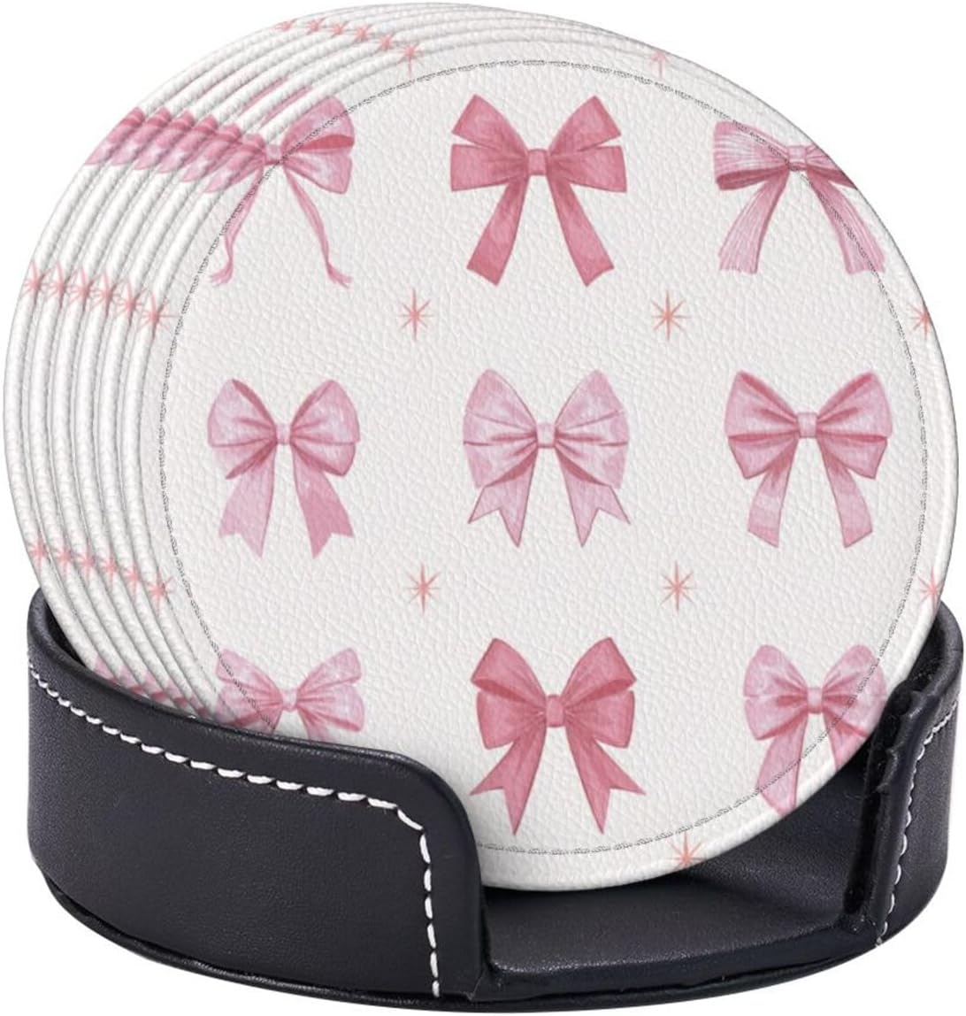 Nine Light Pink Bows Premium Leather Coasters, Set of 6 with Holder, Stylish Beverage Coasters for Kitchen Coffee Bar