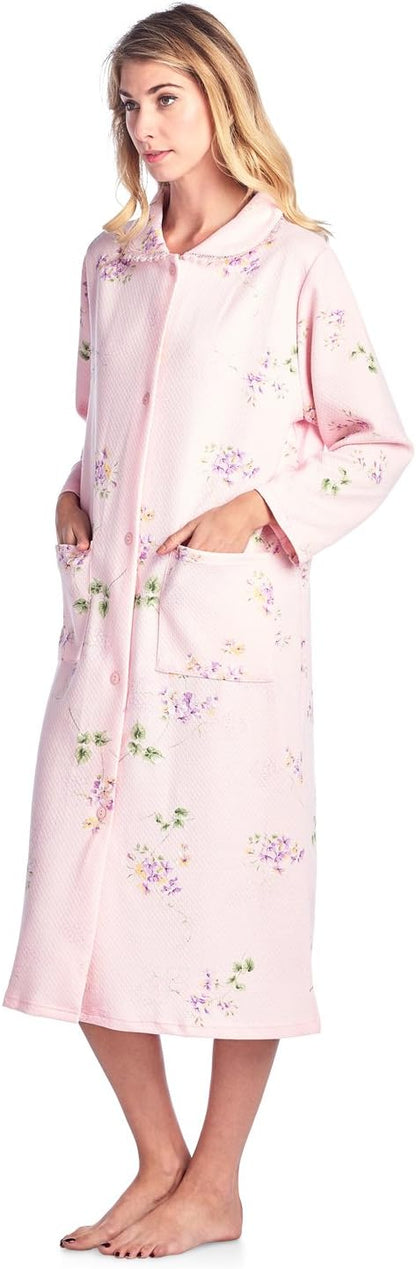 Casual Nights Women's Quilted House Coat Button Down Robe Long Sleeve Below Knee