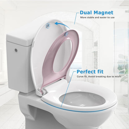 Elongated Pink Mother and Child Toilet Seat - Built-In Toddler Potty Training Seat, Slow Close, Tool-Free Easy Installation