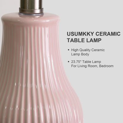 USumkky 23.75inch Pink Modern Ceramic Bedside Lamp Set of 2 with 5FT Cord for Bedroom Decor Farmhouse Table Lamp for Living Room Office Dorm