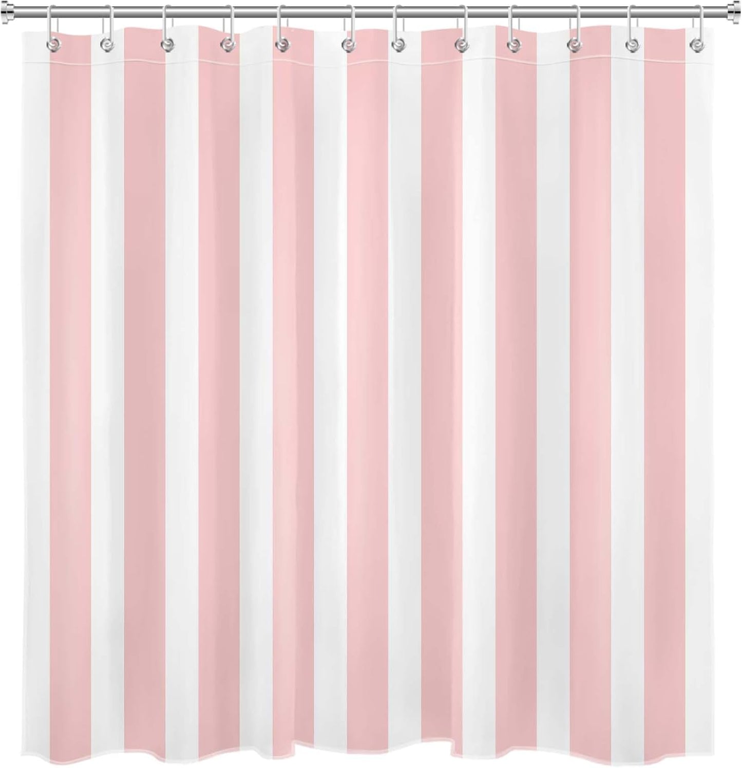 MASLEK Pink and White Striped Shower Curtain for Bathroom, Modern Vertical Stripe Geometric Bathroom Decor Minimalist Aesthetics Bathroom Curtain with Hooks, 72W X 72L Inch