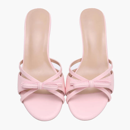 Women’s Round Open Toe Heeled Sandals Bow Knot Low Kitten Heels Comfortable Slip On Slides Wedding Dress Slipper Pumps Shoes