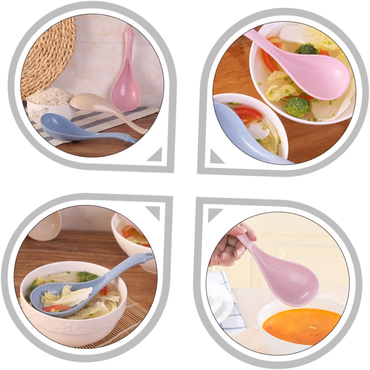 4pcs Long Handle Soup Spoon Stirring and Rice Spoons for Cereal Porridge and Hot Pot Lightweight Kitchen Utensils Blue Green Beige Pink