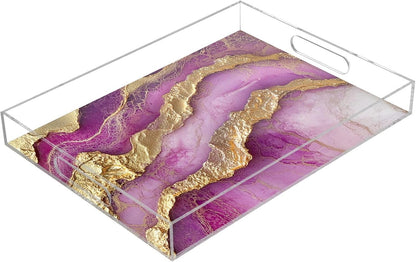 Clear Acrylic Tray Marble Neutral Hot Peach Clear Serving Tray with Handles 12" x 16" Acrylic Trays for Serving Waterproof