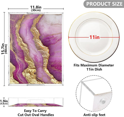 Clear Acrylic Tray Marble Neutral Hot Peach Clear Serving Tray with Handles 12" x 16" Acrylic Trays for Serving Waterproof