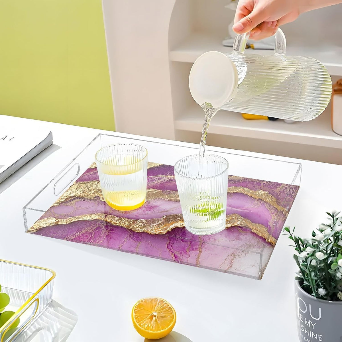 Clear Acrylic Tray Marble Neutral Hot Peach Clear Serving Tray with Handles 12" x 16" Acrylic Trays for Serving Waterproof