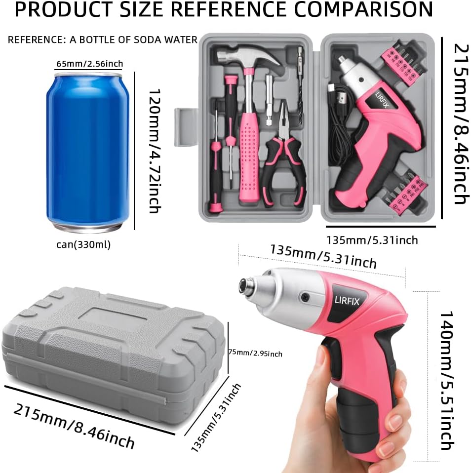 Pink 20-Piece 3.6V USB Rechargeable Cordless Screwdriver Set - Compact Toolbox with Claw Hammer, Needle-Nose Pliers & Screwdriver Bits, Low-Power Electric Tool Kit for Women, Ideal Gift