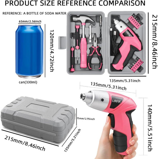 Pink 20-Piece 3.6V USB Rechargeable Cordless Screwdriver Set - Compact Toolbox with Claw Hammer, Needle-Nose Pliers & Screwdriver Bits, Low-Power Electric Tool Kit for Women, Ideal Gift