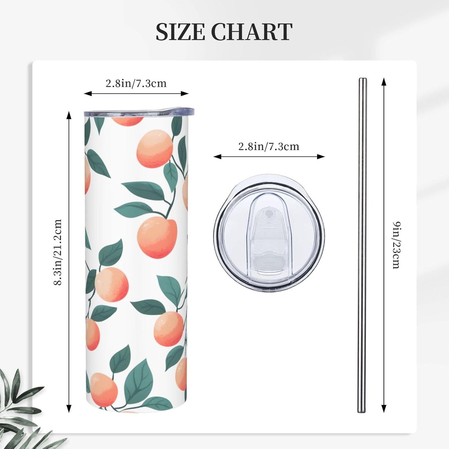 20oz Stainless Steel Tumbler with Lid & Straw, Peach Pattern Leaves Insulated Coffee Travel Mug for Men Women, Straight Tumbler Cup for Hot & Cold, Reusable Tumbler for Home Office Car