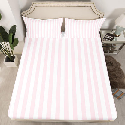 Feelyou White Pink Striped Bed Sheets Set Full Size Striped Deep Pocket Fitted Sheet Geometric Bedding Sets Basic Simple Soft Bed Set 4Pcs with 2 Pillow Cases